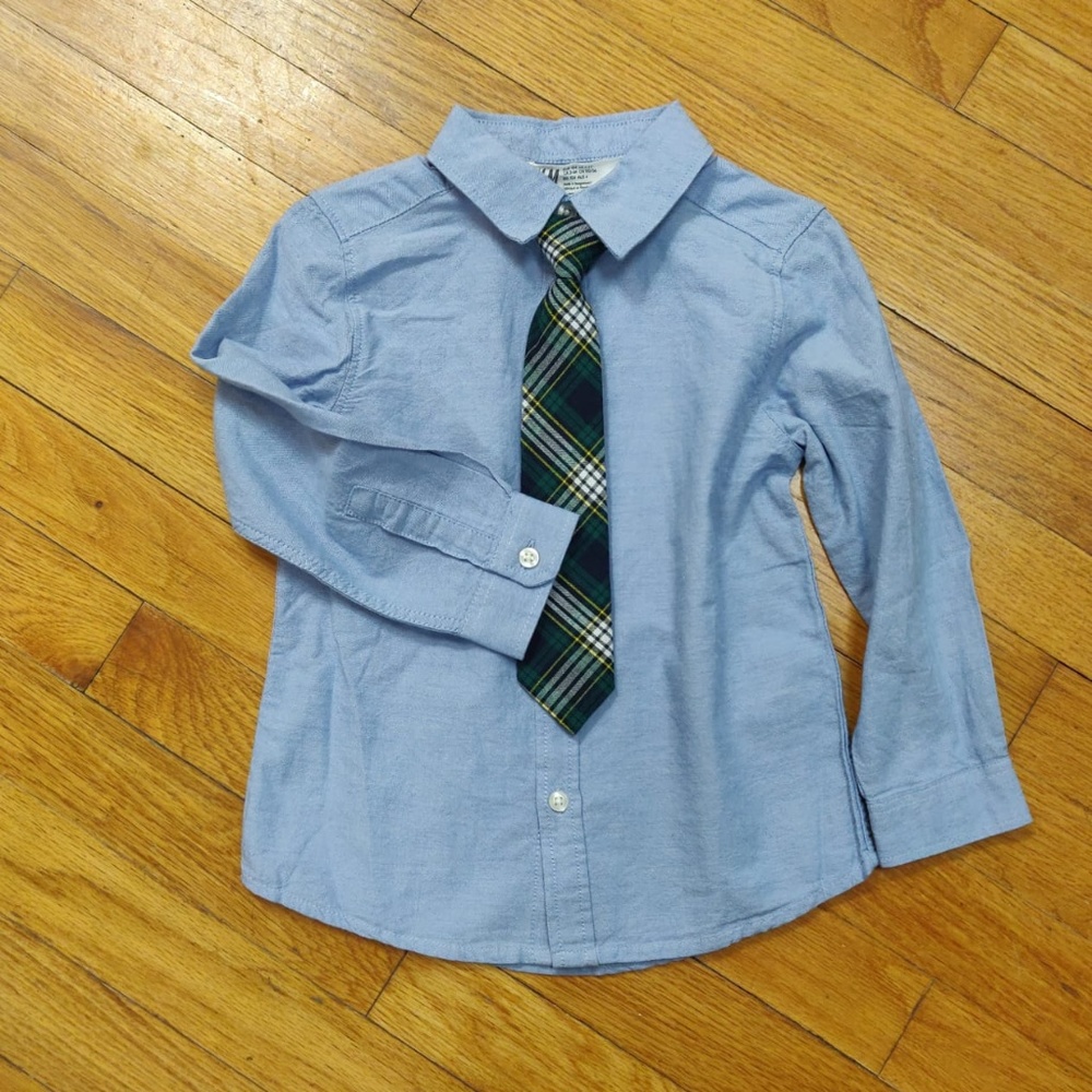 H&M Toddler Boy Blue Button Down with Plaid Tie